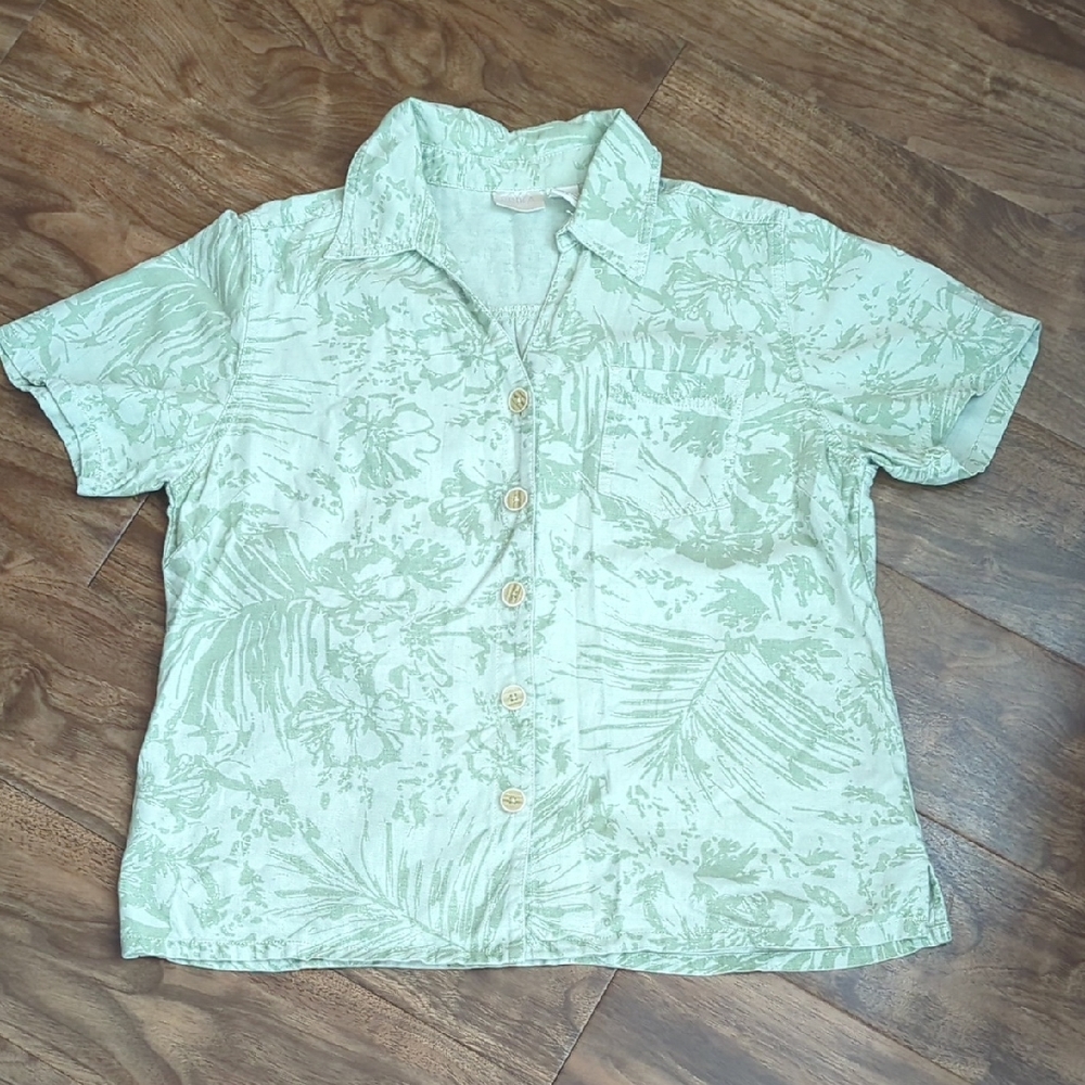 Linen Blend Green Floral Short Sleeve Shirt - Picture 1 of 9